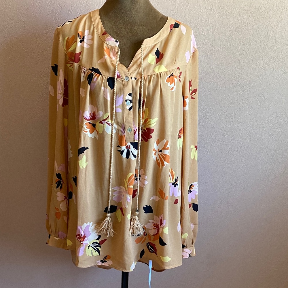 DR2 Floral Tie-Front Peasant Blouse - Mustard Floral